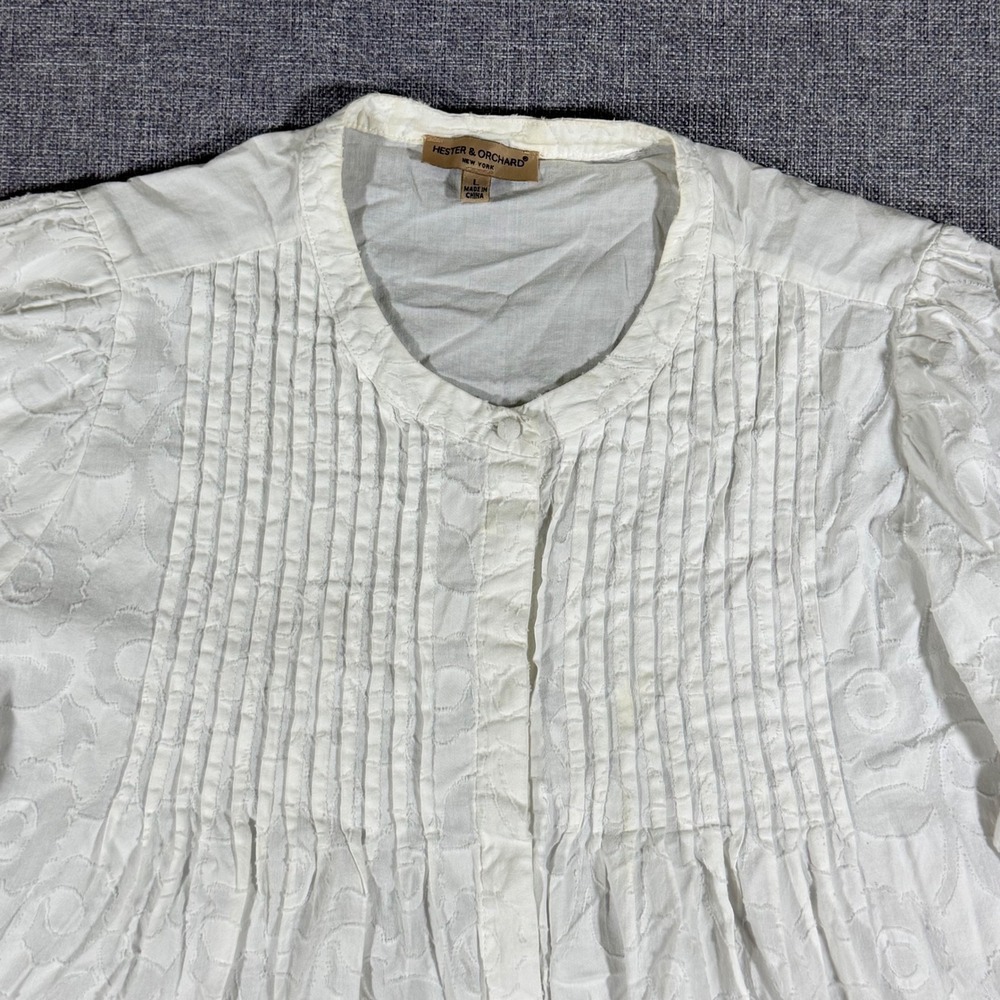 Hester & Orchard Floral Eyelet Blouse Women Large White Pintuck Boho Cottagecore - Picture 2 of 13